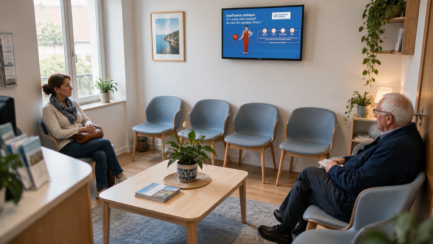 Salle d'attente de cabinet médical équipée d'un écran