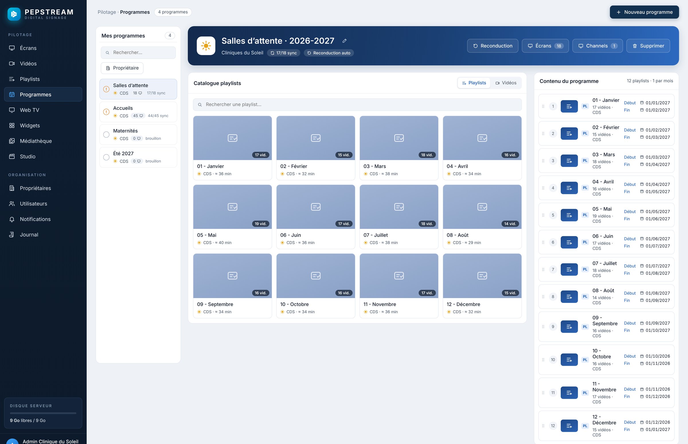 La programmation des playlists sur l'année dans PEPSTREAM